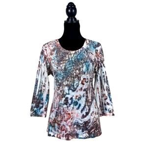 Vtg Y2K Reba Lace Rhinestone AOP Graphic Art to Wear Grunge 3/4 Sleeve Top M/L